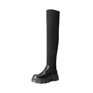 Dream Pairs Black Over-the-Knee Ribbed Sock Boot with Lug Sole
